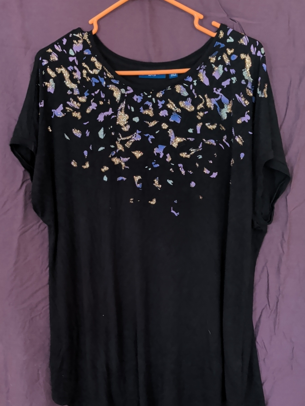 Apt. 9 Black Short-Sleeve Top with Gold and Purple Accents